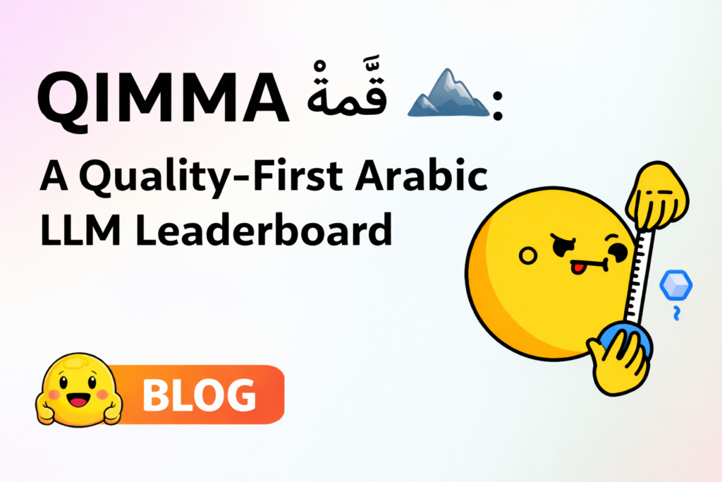 Promotional banner: shows the title 'QIMA قمة' and subtitle 'A Quality-First Arabic LLM Leaderboard' with a cheerful yellow emoji and a 'BLOG' badge on a pastel gradient background.