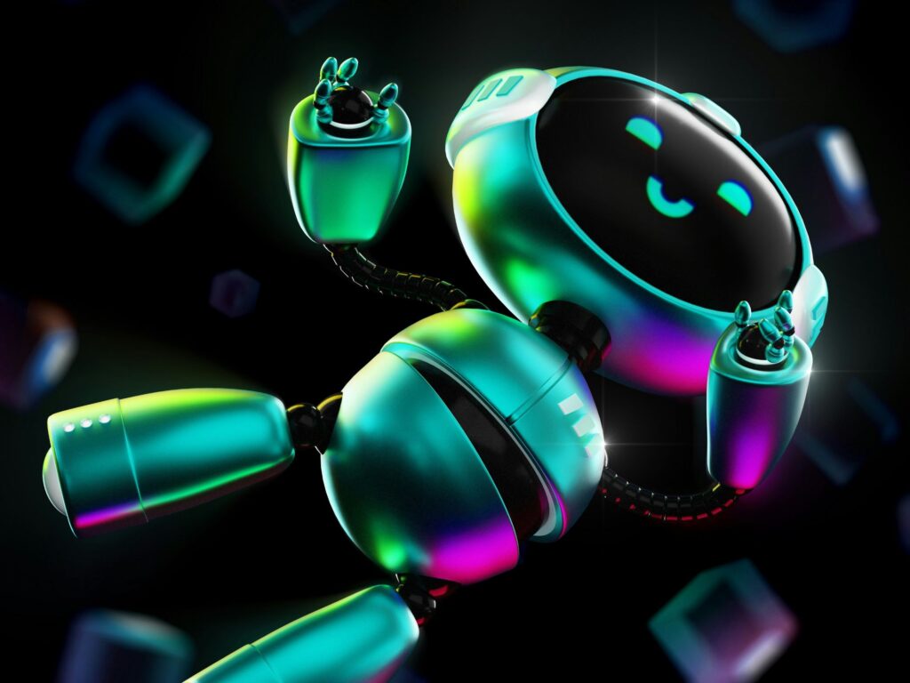 Futuristic teal robotic arm and head hovering in a dark background with neon highlights and glowing reflections.